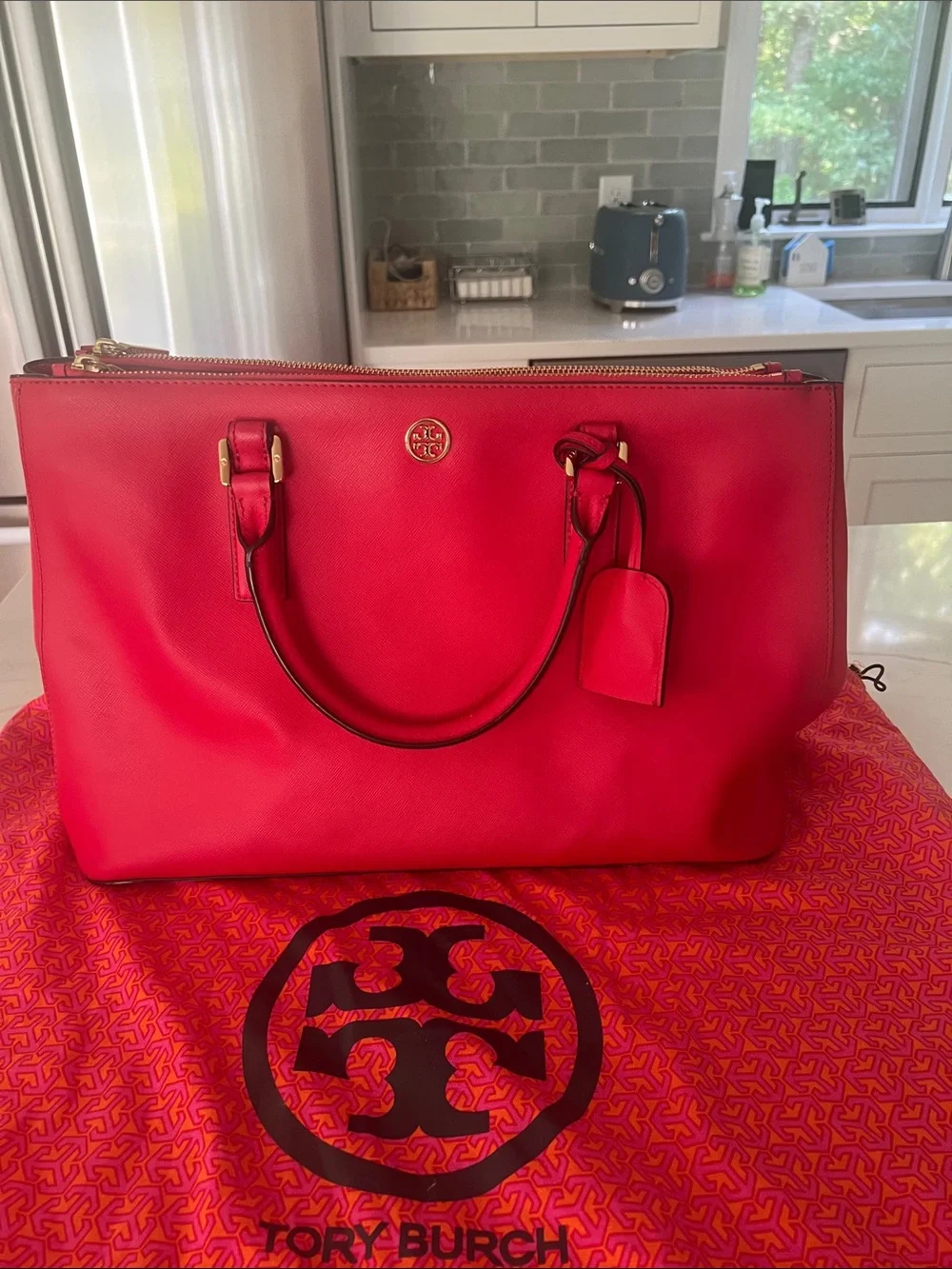 Tory Burch pink Leather sachel with Logo Charm